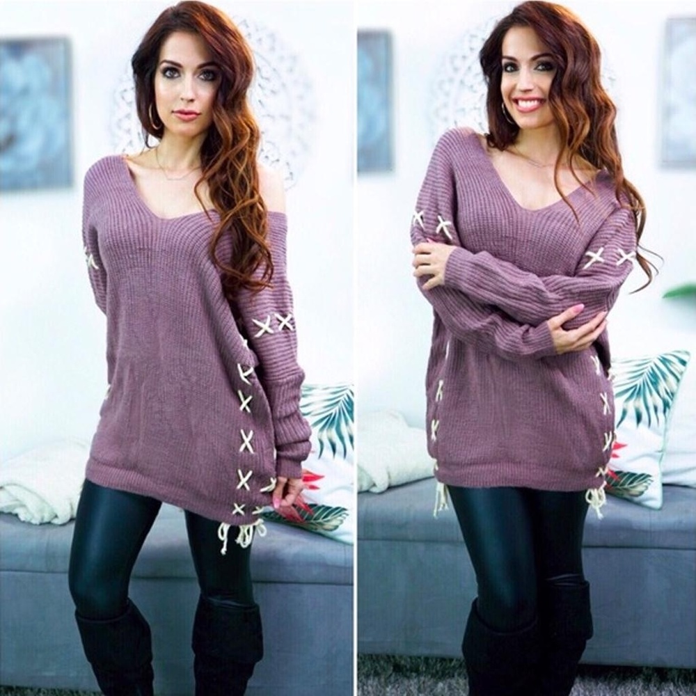 Dusty Mauve Lace Up Oversized Sweater 🎉HOST PICK🎉 - Picture 3 of 9